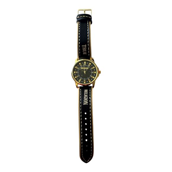 True Religion Men’s Watch Black Gold Dial TRM107 Analog Leather Strap Fashion - Picture 2 of 12